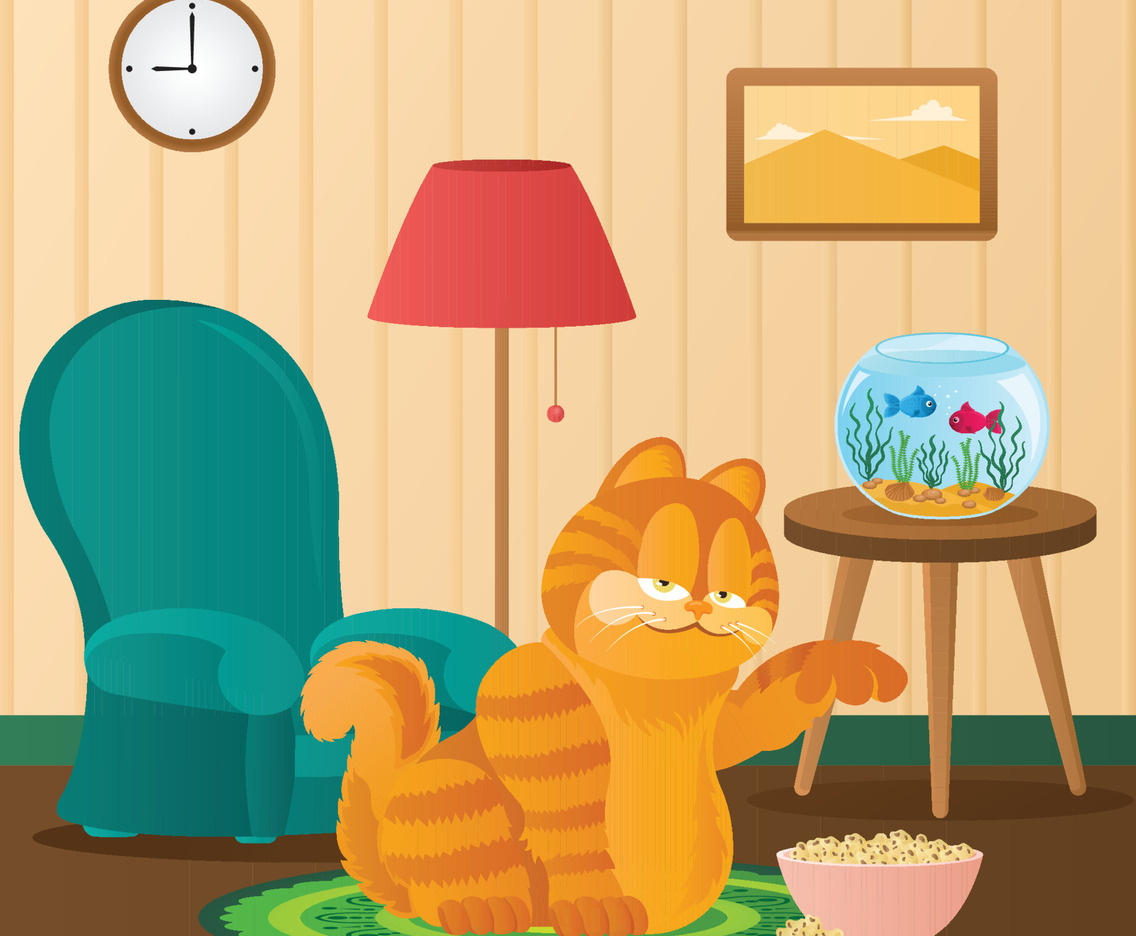 Concept of Fat Orange Cat Enjoying Its Meal in Living Room