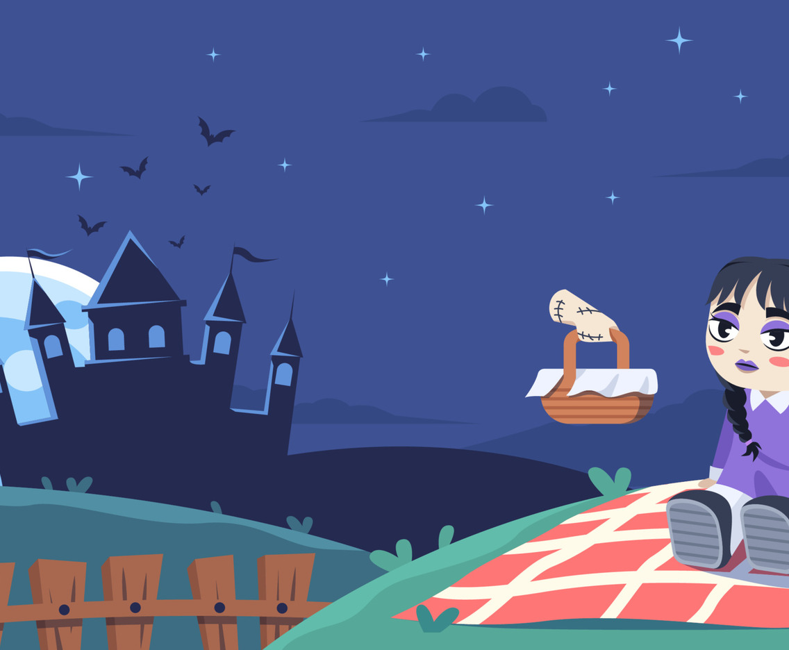 Mysterious Girl with Flying Hand Having Picnic at Night