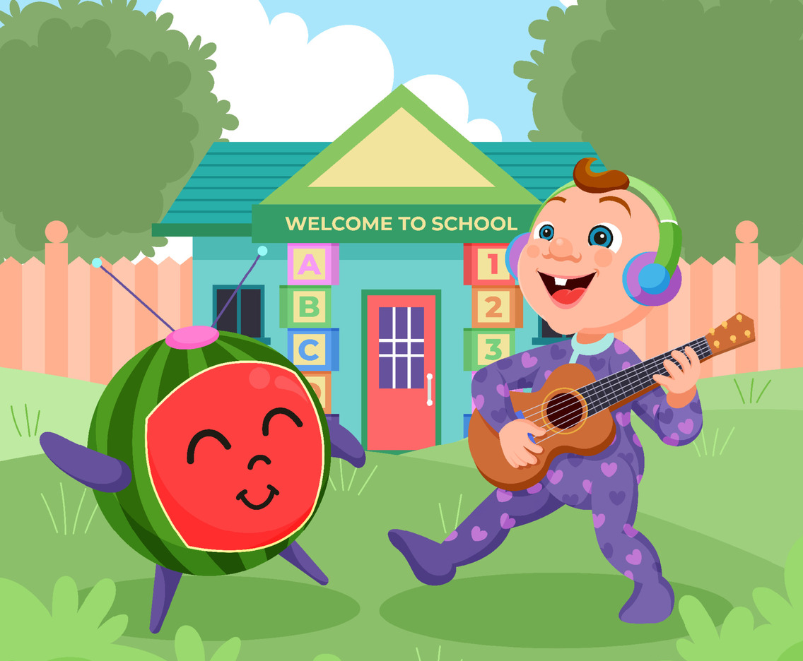 Cute Baby Playing Guitar in Front of School with Melon Mascot