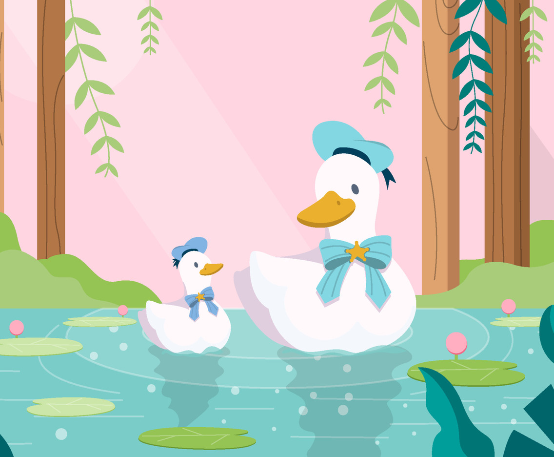 Duck Family Swim On River Forest Concept