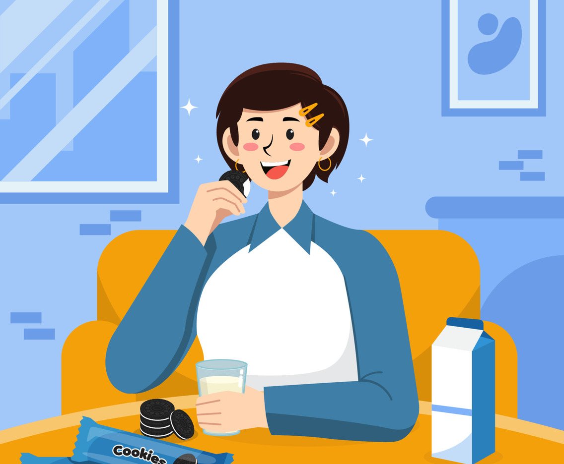 Woman Eating Delicious Cookies with Milk