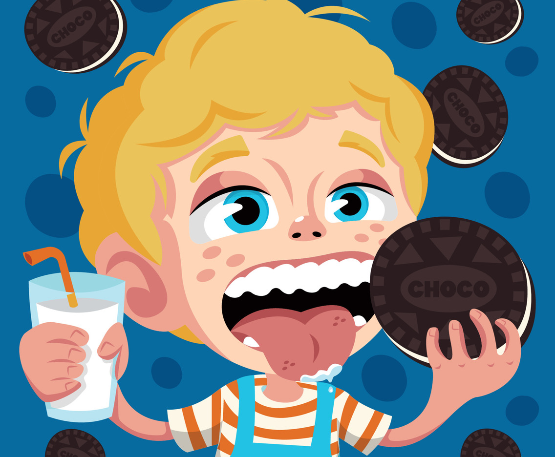 A Boy Eating Chocolate Cookies and Milk