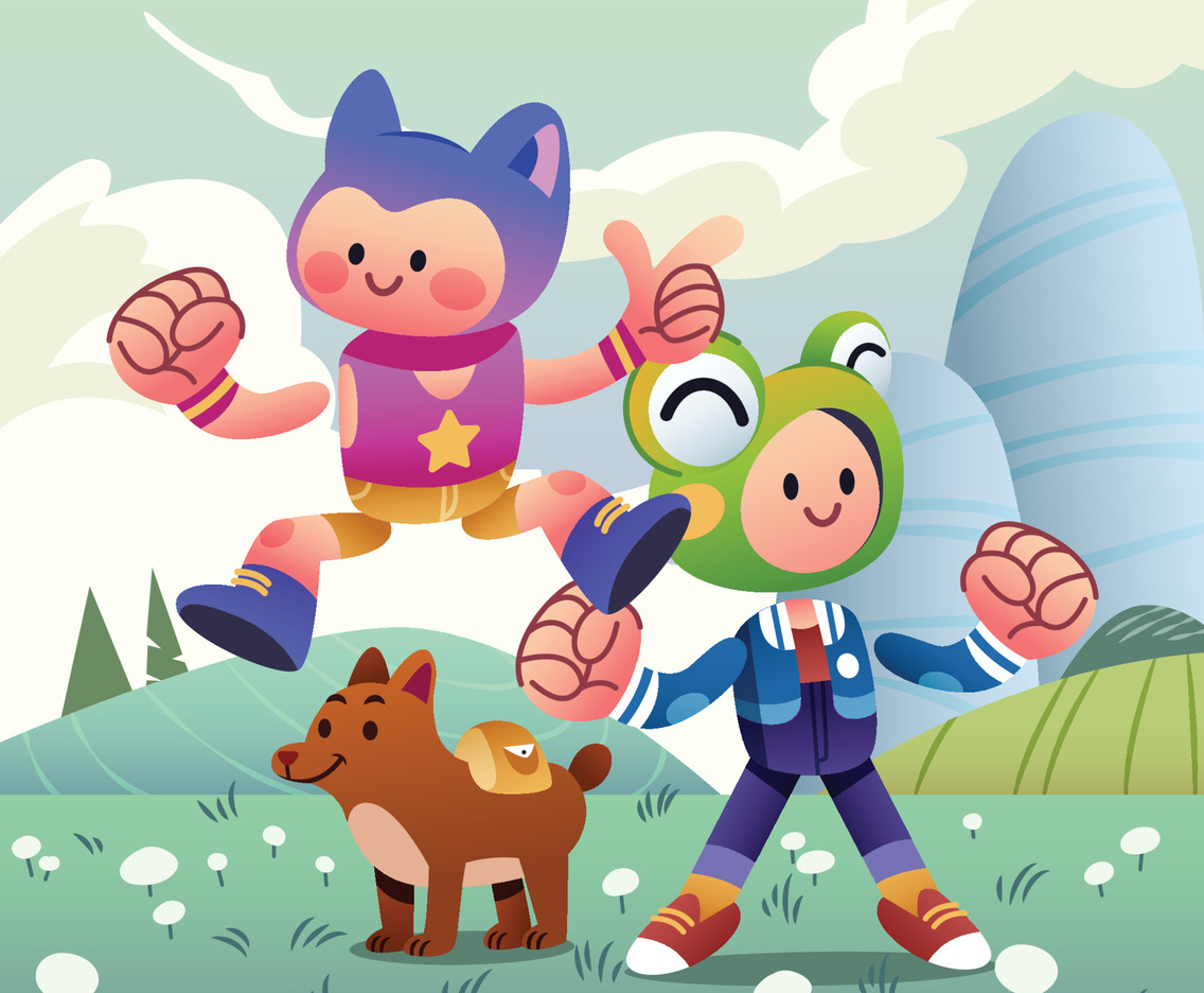 Two Game Characters And A Dog In A Meadow