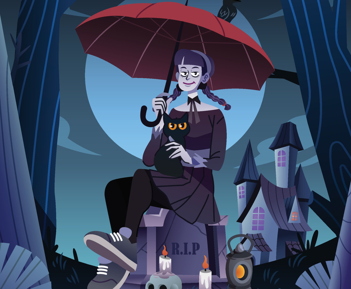 A Gothic Girl Sitting On A Tombstone With Her Cat And Crow
