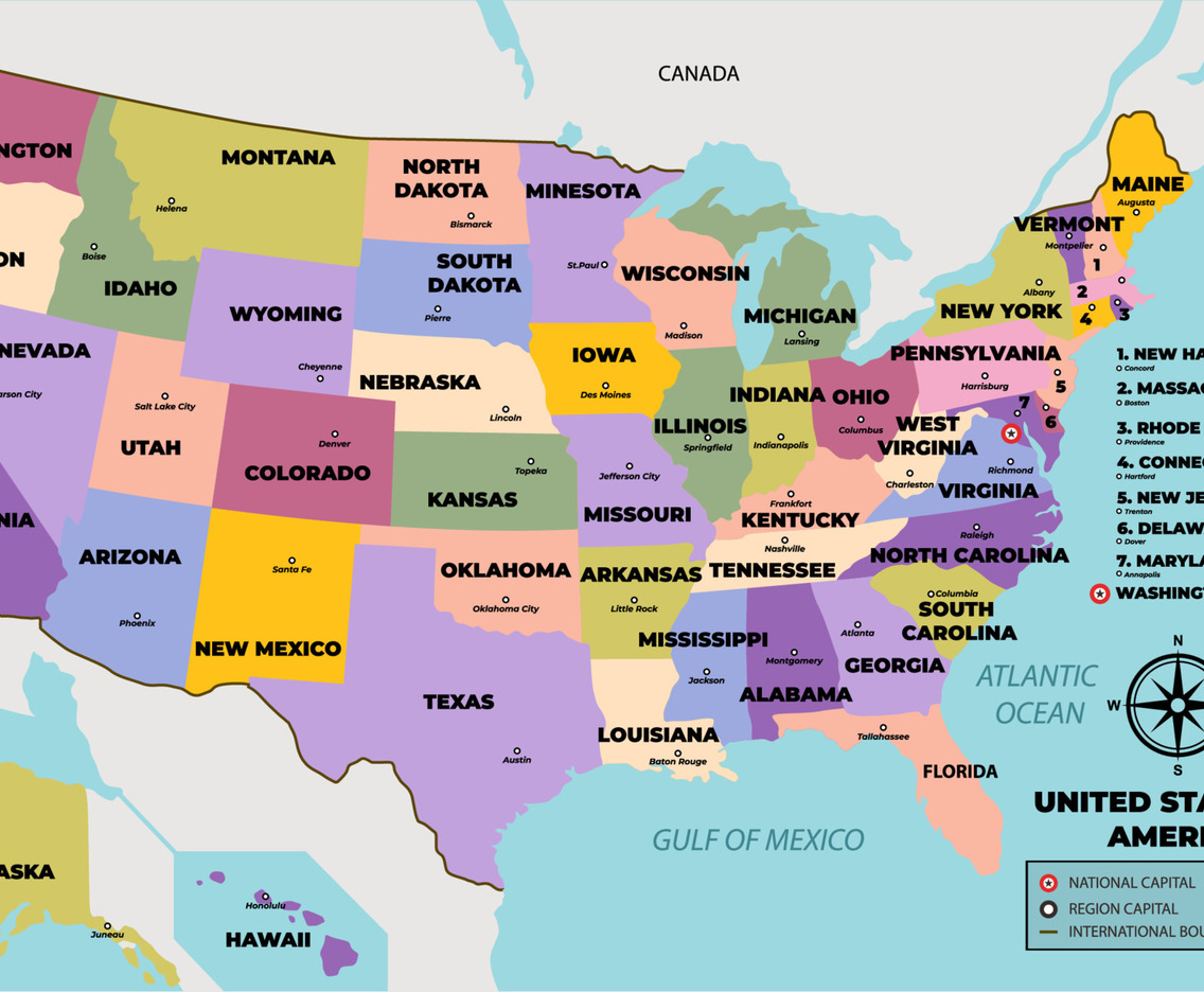 Map Of United States Of America With States Name