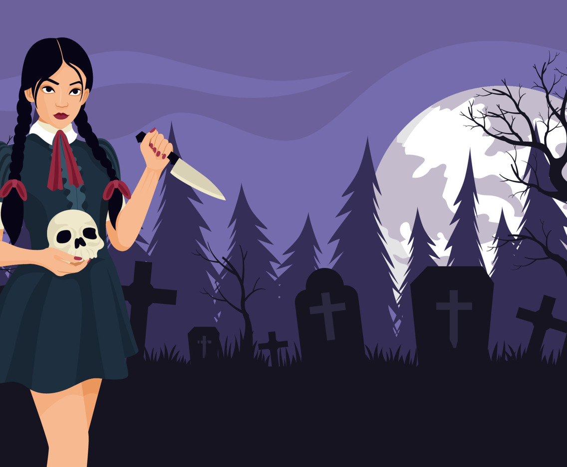 Scary Girl Carrying Knife And Skull In Graveyard