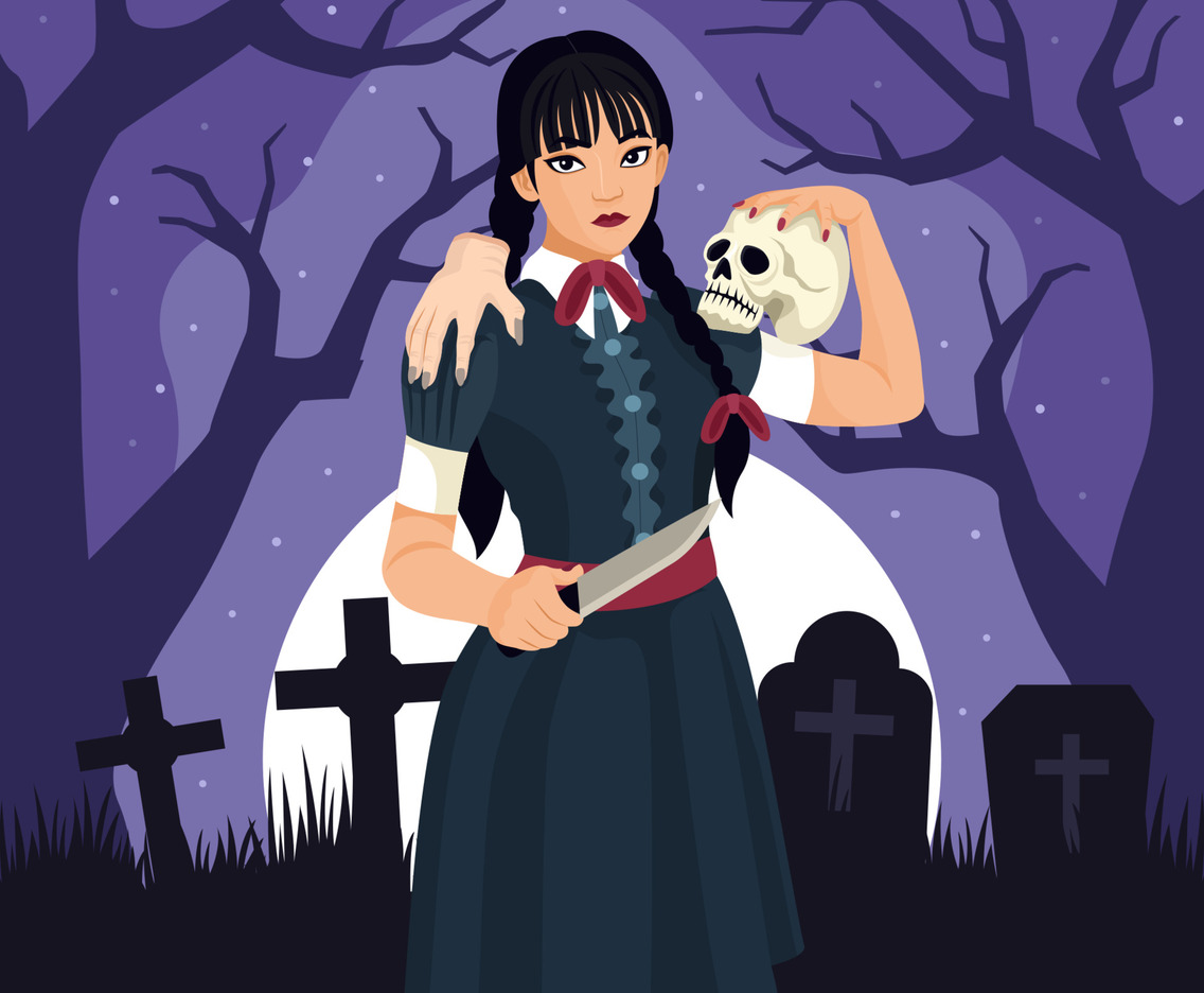 Scary Girl Carrying a Skull in Graveyard