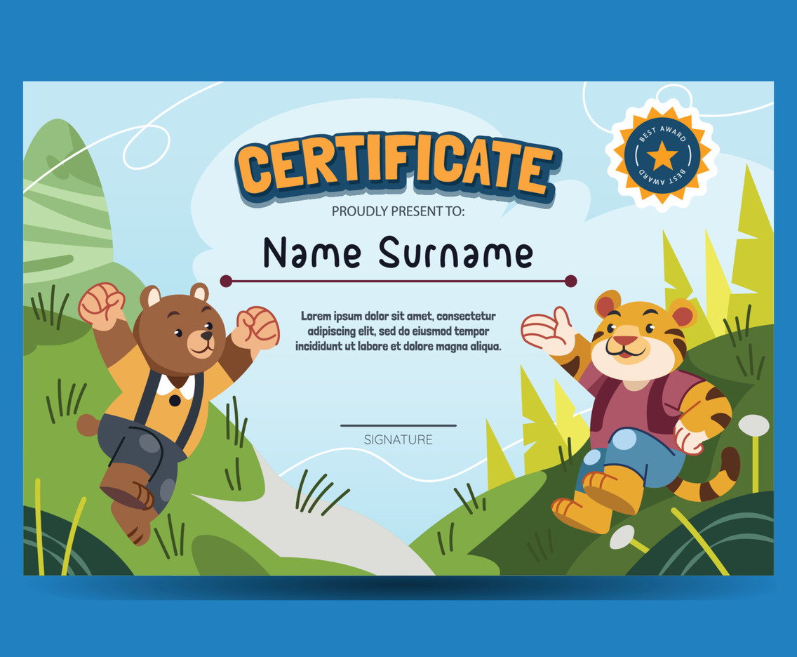 Certificate For Children With Bear And Tiger Theme