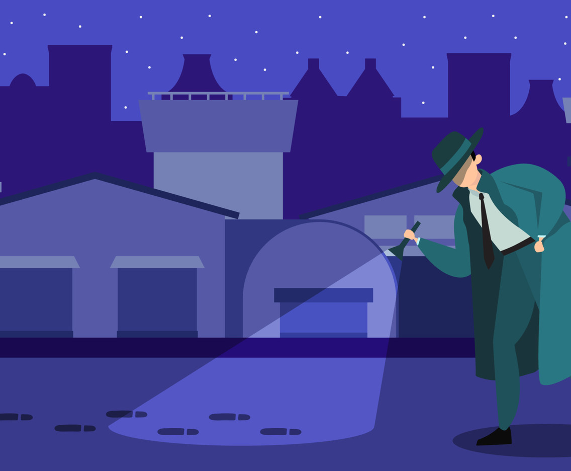 Detective Following Foot Prints on Crime Scene in The Night