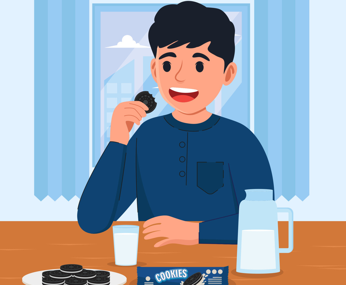 Boy Eating Biscuits and Milk Concept