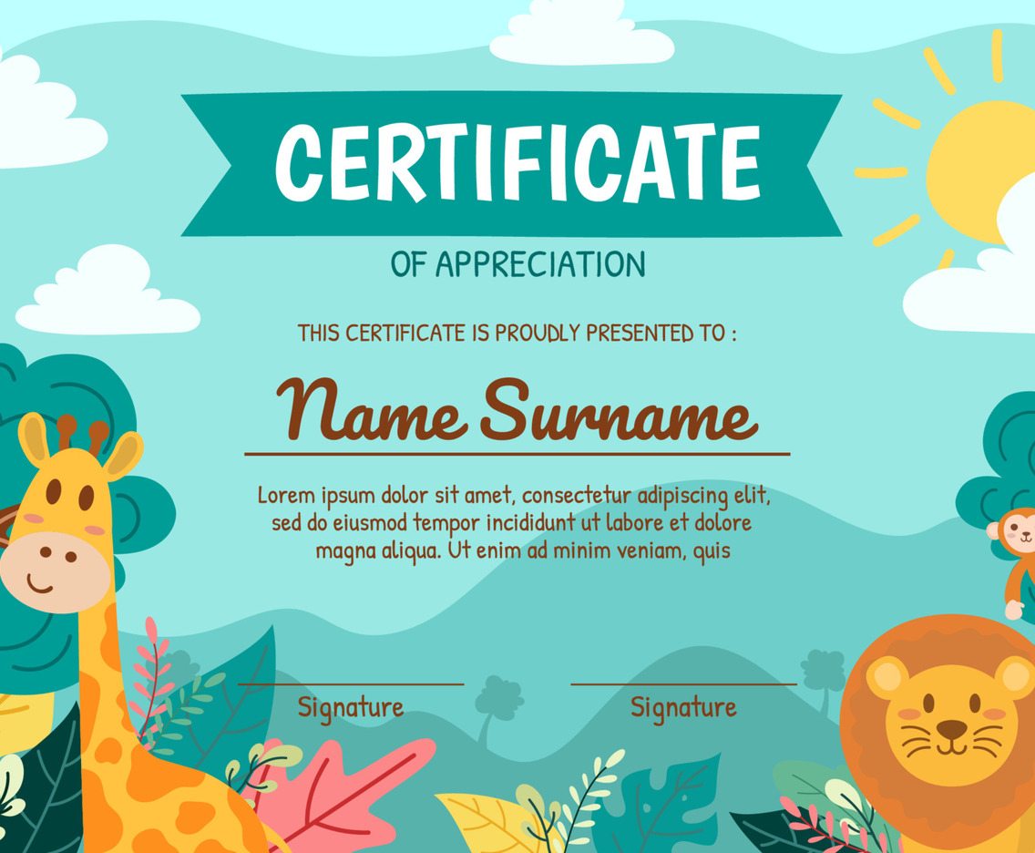 Children Certificate with Jungle Animal Concept