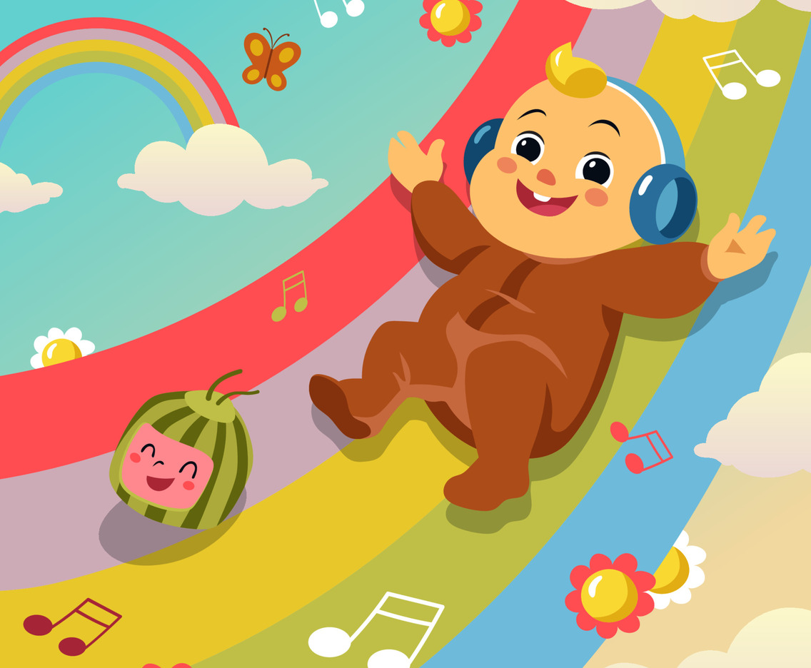 Blond Kid Riding Rainbow Concept