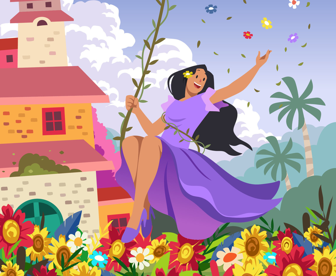 Beautiful Girl in the Garden of Flowers