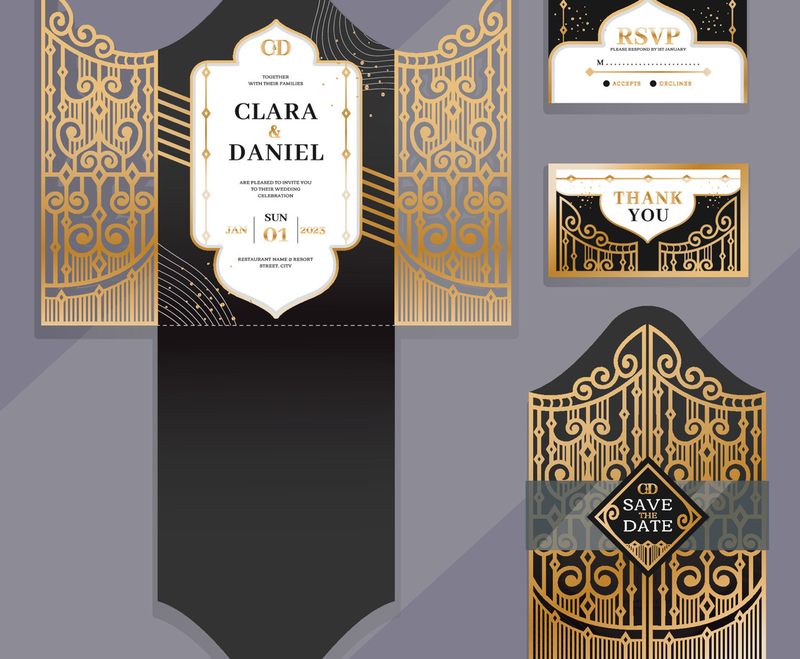 Black and Gold Laser Cut Wedding Invitation
