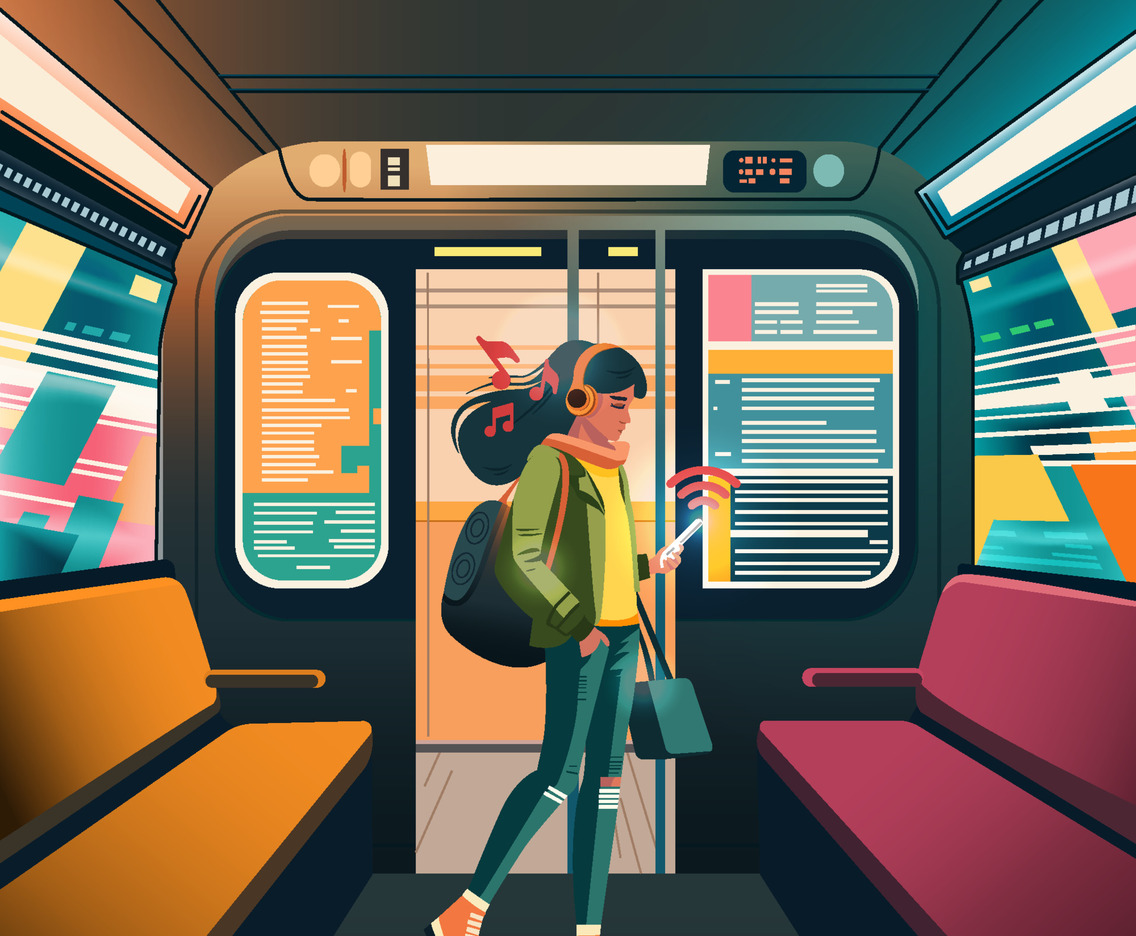 Girl Streaming Music With Smartphone On The Train