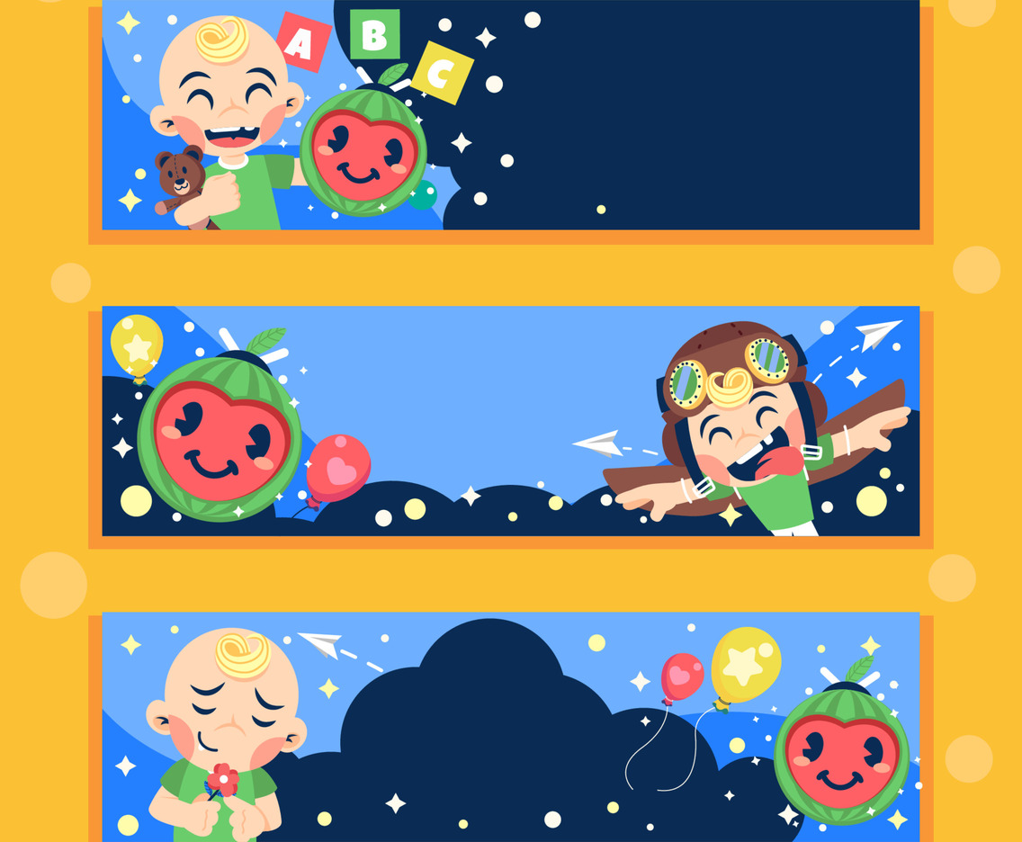 Banner Set of Baby Playing with Watermelon Doll
