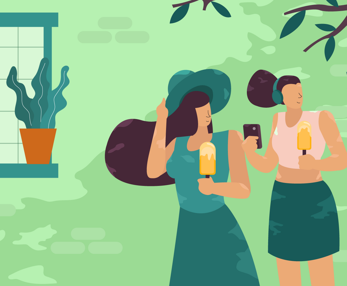 Girls Enjoying Summer Vacation Outdoor Vector Illustration
