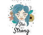 Woman With Blue Hair And Flowers With Leaves Around To Women's Day
